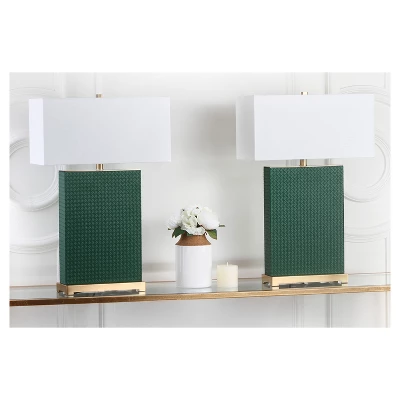 (Set Of 2) 27.8" Joyce Faux Woven Leather Table Lamp (Includes CFL Light Bulb) Dark Green - Safavieh